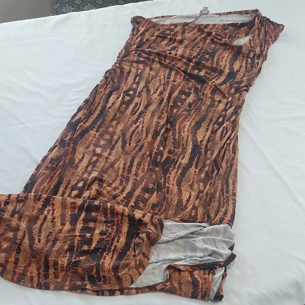 Cato Brown and Orange Patterned .One Shoulder Dress .Split Sides And Long .